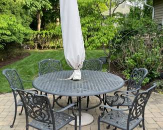 Outdoor Patio Dining Set (Table, Umbrella, Umbrella Base, & 6 Chairs)