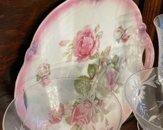Antique Pink Floral Handled Plate