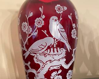 Vintage Red Vase W/ Bird Motif Silver Overlay