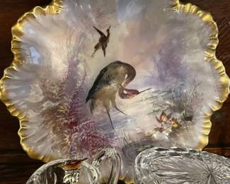 STUNNING Antique French Limoges Egret Porcelain Plates W/ Painted Gold Trim (Service For 6) W/ Serving Platter (Late 1800s/Early 1900s)