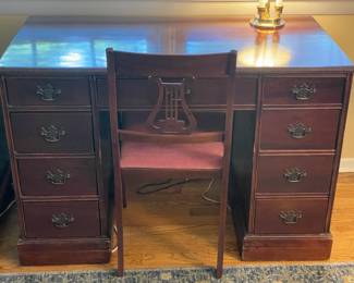 Antique Wooden Desk W/ Upholstered Chair