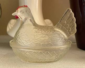 Vintage Clear W/ Red Feathers Covered Hen On Nest