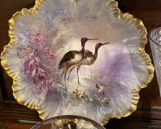 STUNNING Antique French Limoges Egret Porcelain Plates W/ Painted Gold Trim (Service For 6) W/ Serving Platter (Late 1800s/Early 1900s)