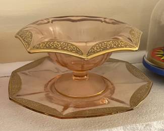 Vintage Pink Depression Footed Bowl & Underplate W/ Gold Trim