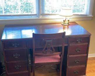 Antique Wooden Desk W/ Upholstered Chair
