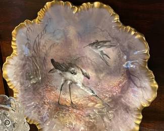 STUNNING Antique French Limoges Egret Porcelain Plates W/ Painted Gold Trim (Service For 6) W/ Serving Platter (Late 1800s/Early 1900s)