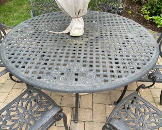 Outdoor Patio Dining Set (Table, Umbrella, Umbrella Base, & 6 Chairs)