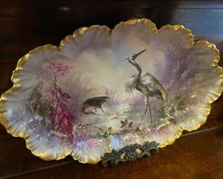 STUNNING Antique French Limoges Egret Porcelain Plates W/ Painted Gold Trim (Service For 6) W/ Serving Platter (Late 1800s/Early 1900s)