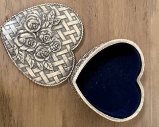 Vintage Heart-Shaped Pewter Trinket Box with Rose and Basketweave Motif
