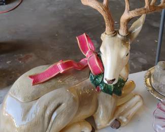 Fitz and Floyd Ceramic Reclining Deer Figurine with Wreath and Bow