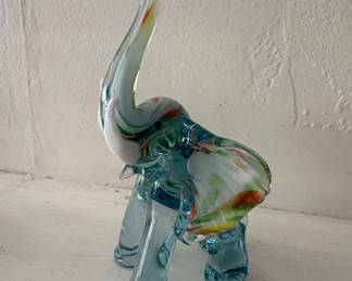 Murano Style Art Glass Glass Elephant Figurine with Blue Base and Legs