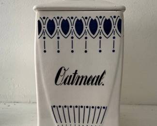 Vintage Oatmeal Canister, C.A.W. Germany Mark, Blue Heart & Fan Pattern