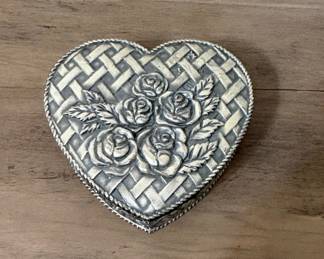 Vintage Heart-Shaped Pewter Trinket Box with Rose and Basketweave Motif