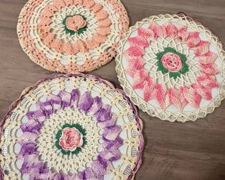 Set of 3 Vintage Crochet Doilies with Floral Motifs