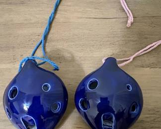 Pair of Blue Ceramic Ocarinas