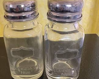 Glass Salt and Pepper Shakers with "Established 1899" Embossing