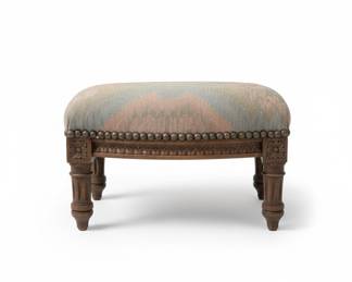 small Victorian Carved Walnut Footstool with Geometric Upholstery