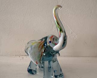 Murano Style Art Glass Glass Elephant Figurine with Blue Base and Legs