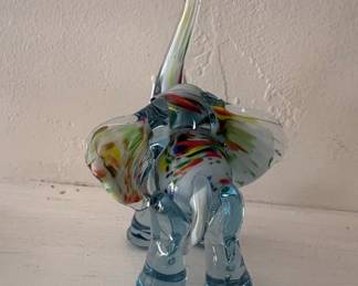 Murano Style Art Glass Glass Elephant Figurine with Blue Base and Legs