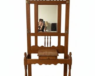 Antique Oak Hall Tree with Mirror, Drawer, and Umbrella Stand
