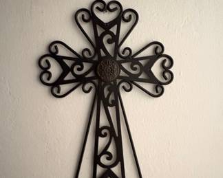 Ornate Black Metal Scroll Cross with Heart Accents