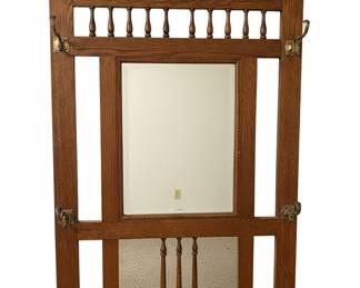 Antique Oak Hall Tree with Mirror, Drawer, and Umbrella Stand