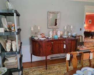 Antique Mahogany Serpentine Sideboard with Inlay, Pair of Tiffany Vases.