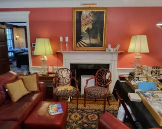 Left Web Back Arm Chair with Upholstered Seat is Signed on Bottom, “That President of the United State Sat in this Chair for a New Conference. April 5, 1994. " The President was Bill Clinton.   “La Vigne Rouge” Framed Oil on Wood by Artist Philippe Dutilleal (1944-Present).  