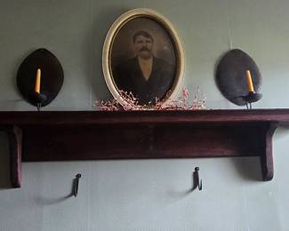 Wall Shelf with Old Picture and 2 Metal Candlestick Holders for Light