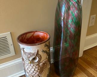 Owl umbrella holder, tall glass vase