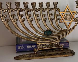 Vintage Brass Menorah w Star of David and Stone
