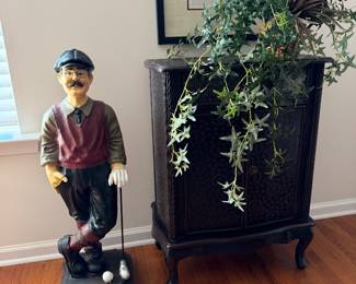 Chinoiserie side table and golfer statue