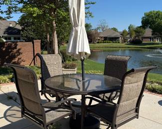 	#45	Patio table with 4 swivel chairs and umbrella	 $150.00 				