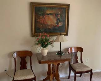 Original artwork, antique marble side table. Living room furniture.