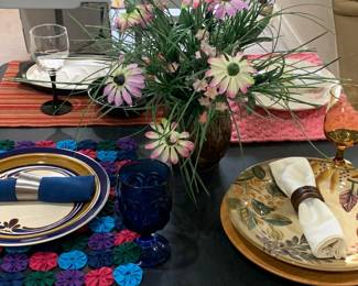 All sold as Sets only: Plates, goblets, napkins for 4.