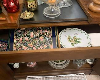 Dish and Kitchen sets. Antique wood server. Dining room furniture.