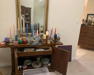 Antique wood server. Dining room furniture. Large mirror.