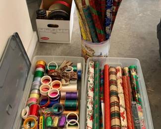Holiday decorations, wrapping paper, ribbons, storage containers