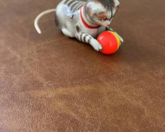 Vintage Tin Wind-Up Cat Playing with Ball Toy
