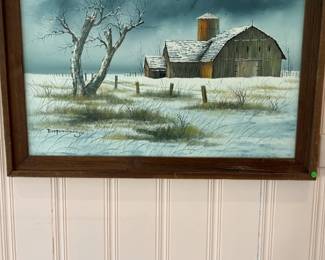 Vintage Framed Barn in Winter Landscape Oil Painting by Everett Woodson