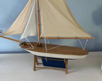 Vintage Handcrafted Wooden Model Sailboat with Fabric Sails
