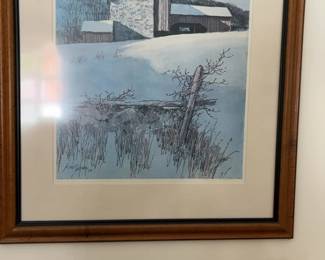 Framed Winter Landscape Lithograph of Stone Barn