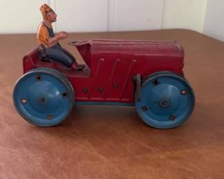 Vintage Tin Litho Wind-Up Tractor Toy with Driver