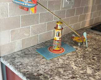 Sky Ranger Wind-Up Toy, 1930s Tin Litho Plane, Dirigible, Mechanical Toy