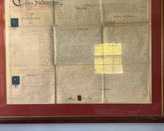 Antique Framed Vellum Indenture Manuscript with Property Map