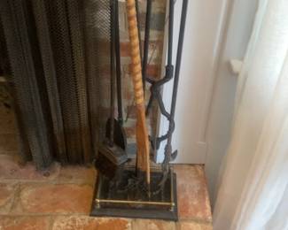Vintage Brass and Wrought Iron Fireplace Tool Set with Stand