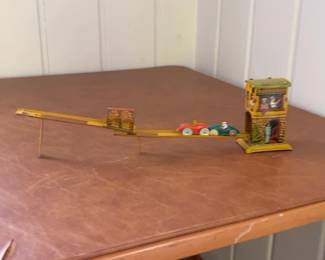 Vintage Tin Litho Wind-Up Race Car Track Toy