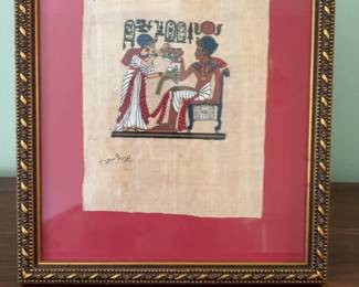 Framed Egyptian Papyrus Art Depicting Pharaoh and Queen