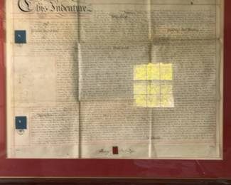 Antique Framed Vellum Indenture Manuscript with Property Map