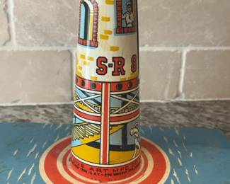 Sky Ranger Wind-Up Toy, 1930s Tin Litho Plane, Dirigible, Mechanical Toy